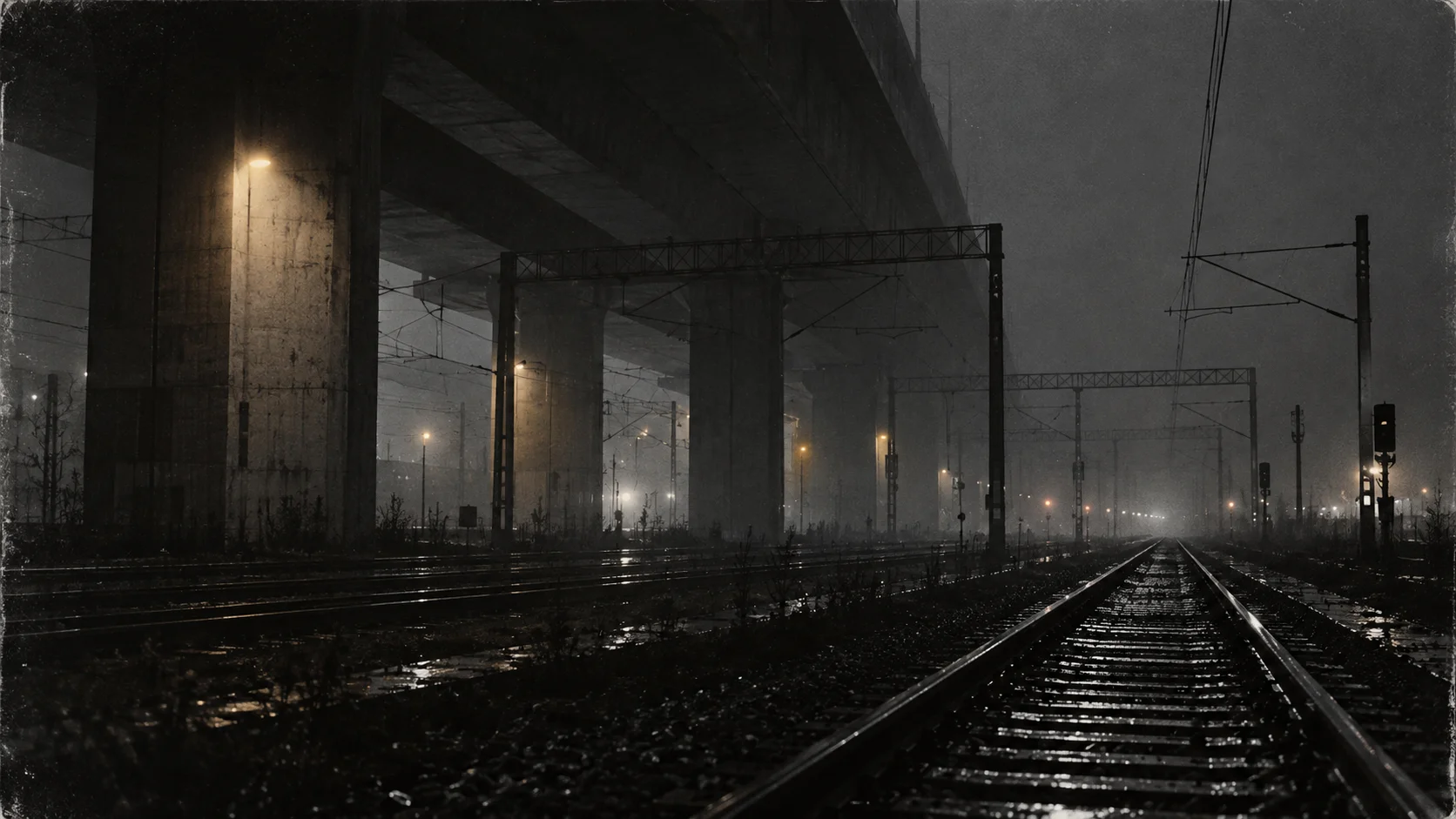 Wet railway lines running beneath a concrete viaduct into the night mist.